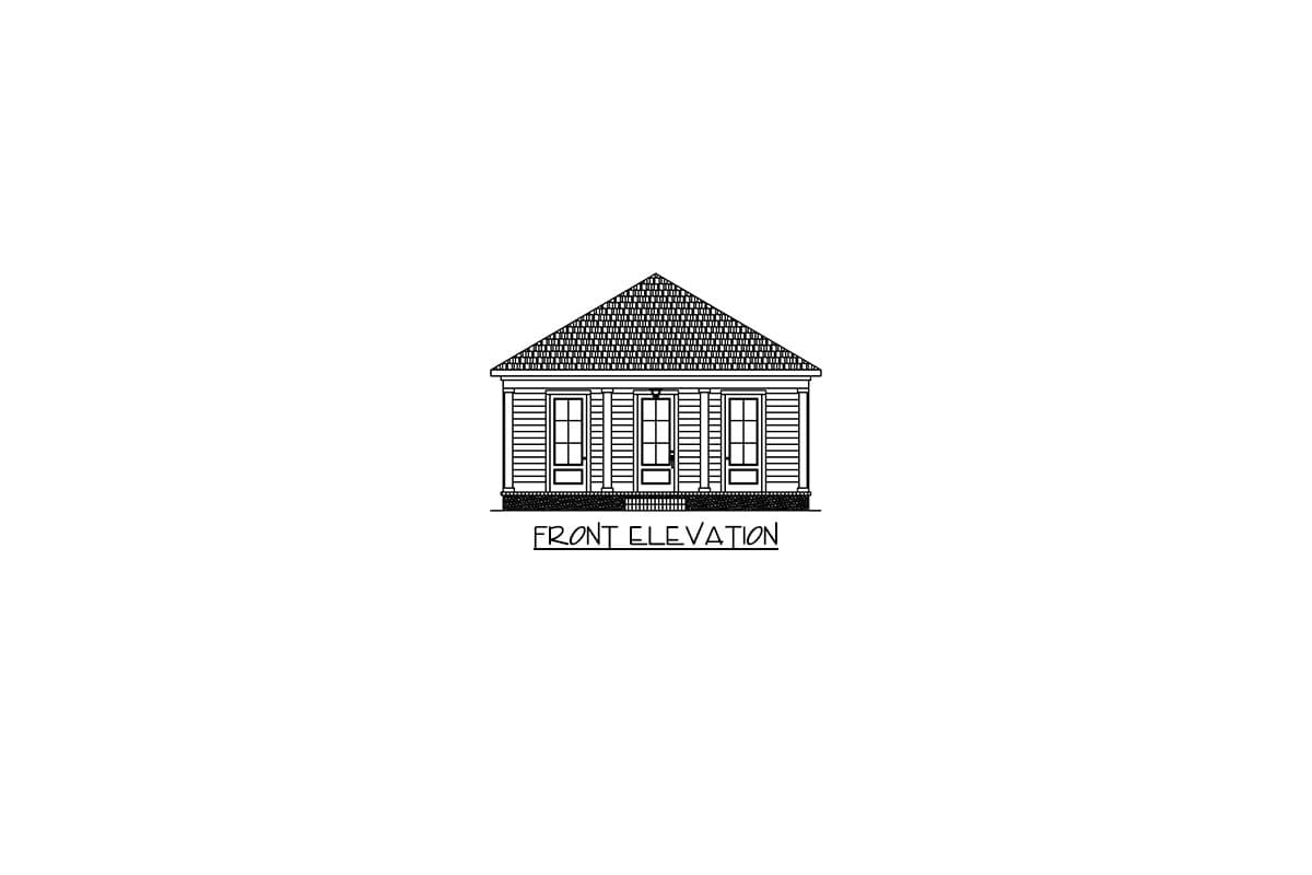 Front elevation drawing of a one-story house with a pitched roof, three doors, and surrounding windows.