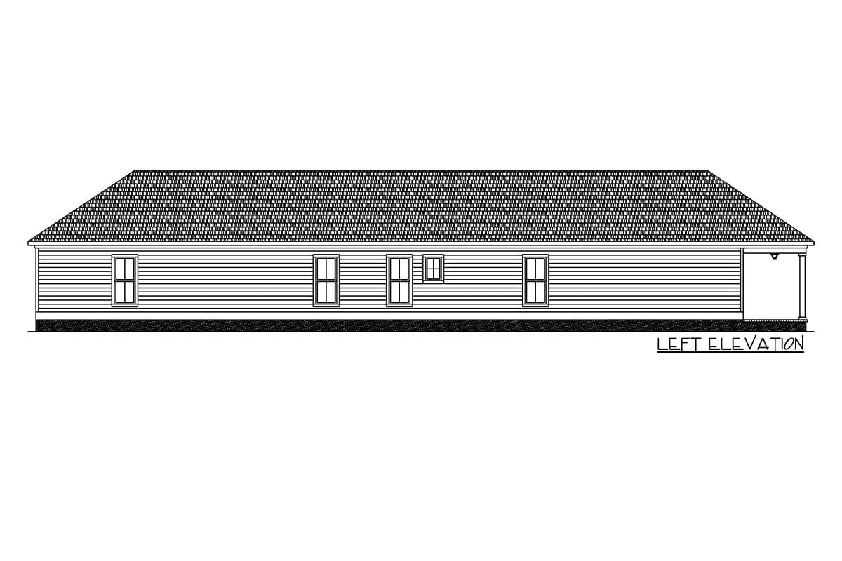 Left elevation drawing of a single-story house plan featuring horizontal siding, multiple windows, and a covered porch.