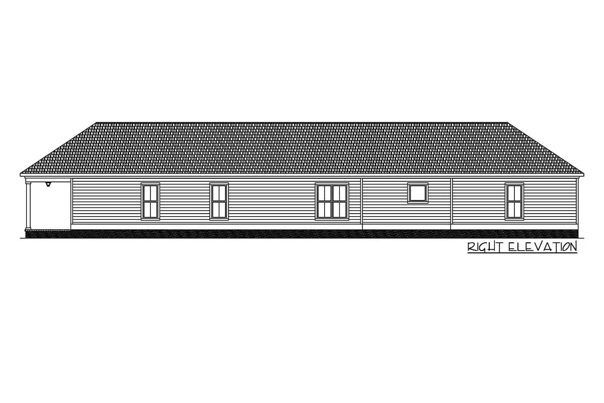 House plan right elevation drawing of a single-story home with a prominent gable roof and covered porch.