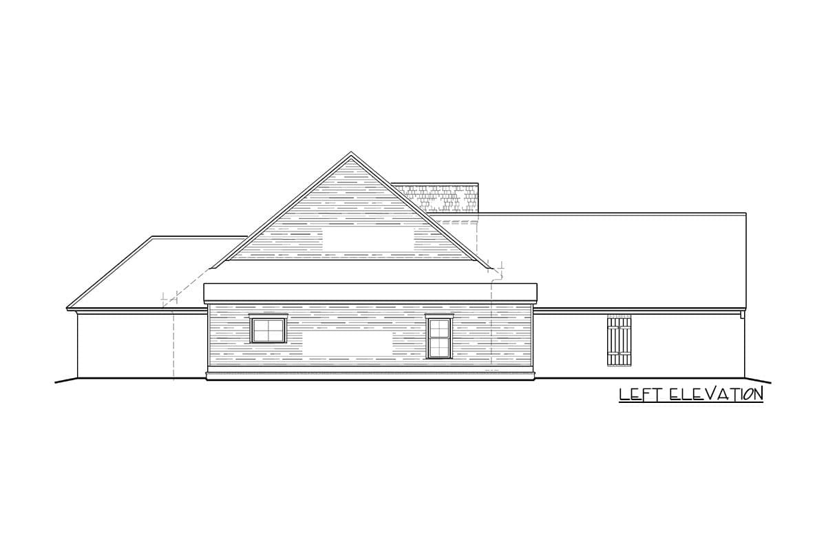 Left elevation drawing of a house plan showing varied rooflines, siding, and two windows.