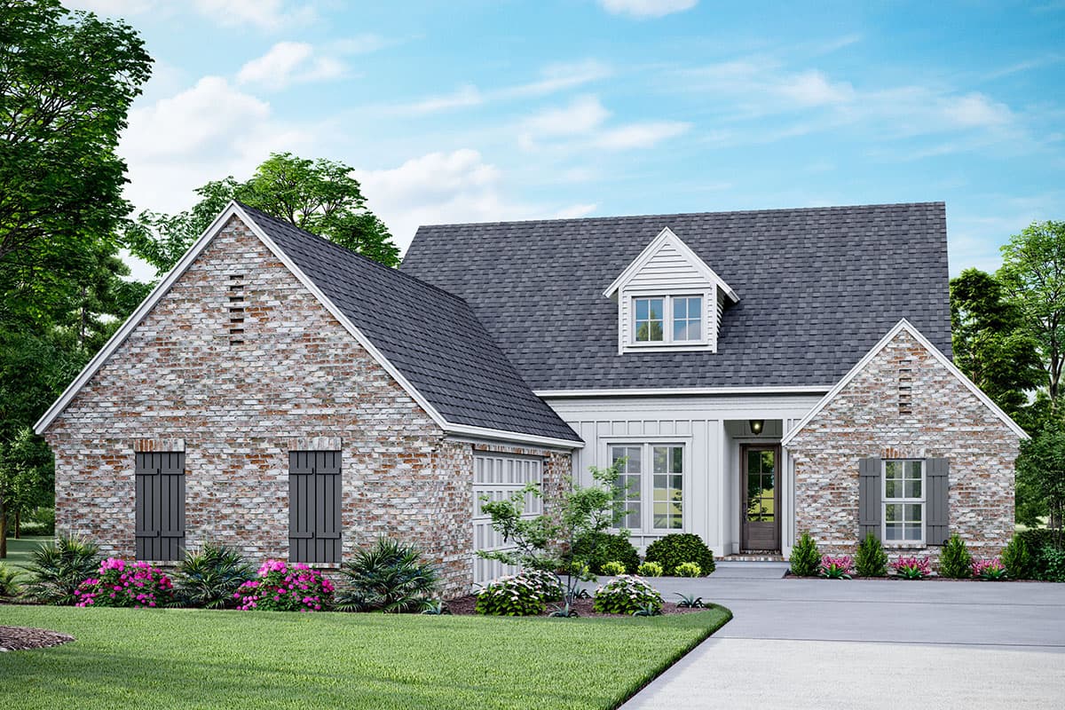 House plan exterior. Two-story Modern Farmhouse with gables, dormer window, and brick facade. Features include a front-facing garage and shutters.