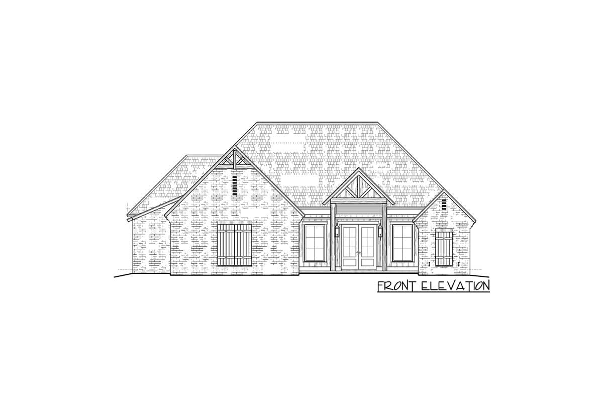 Front elevation drawing of a one-story house with double front doors, gables, and brick detailing.