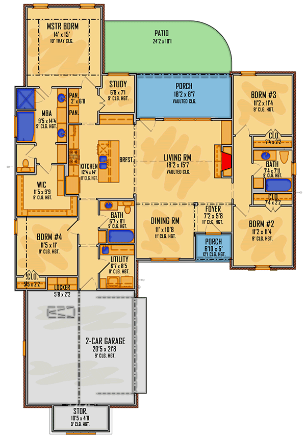 Plan 510202WDY: Exclusive 4-Bed Acadian Home Plan with Study and Formal Dining - Floor Plan - Main Level - Acadian, Louisiana-Style, New American, Southern, Transitional