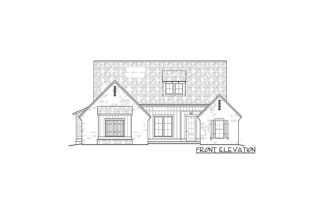 Front elevation drawing of a one-and-a-half-story house plan with a dormer, gabled sections, and a covered entryway.