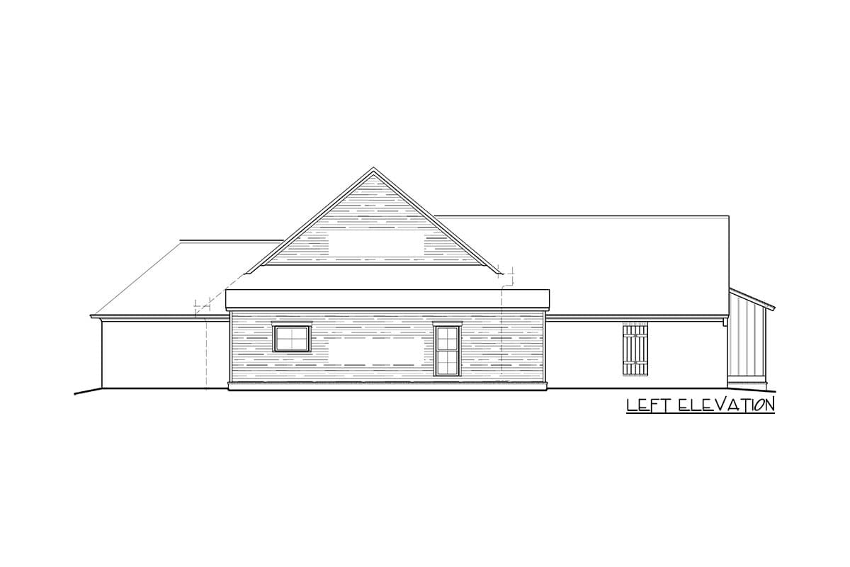 House plan left elevation drawing with gabled roof, horizontal siding, and two windows.