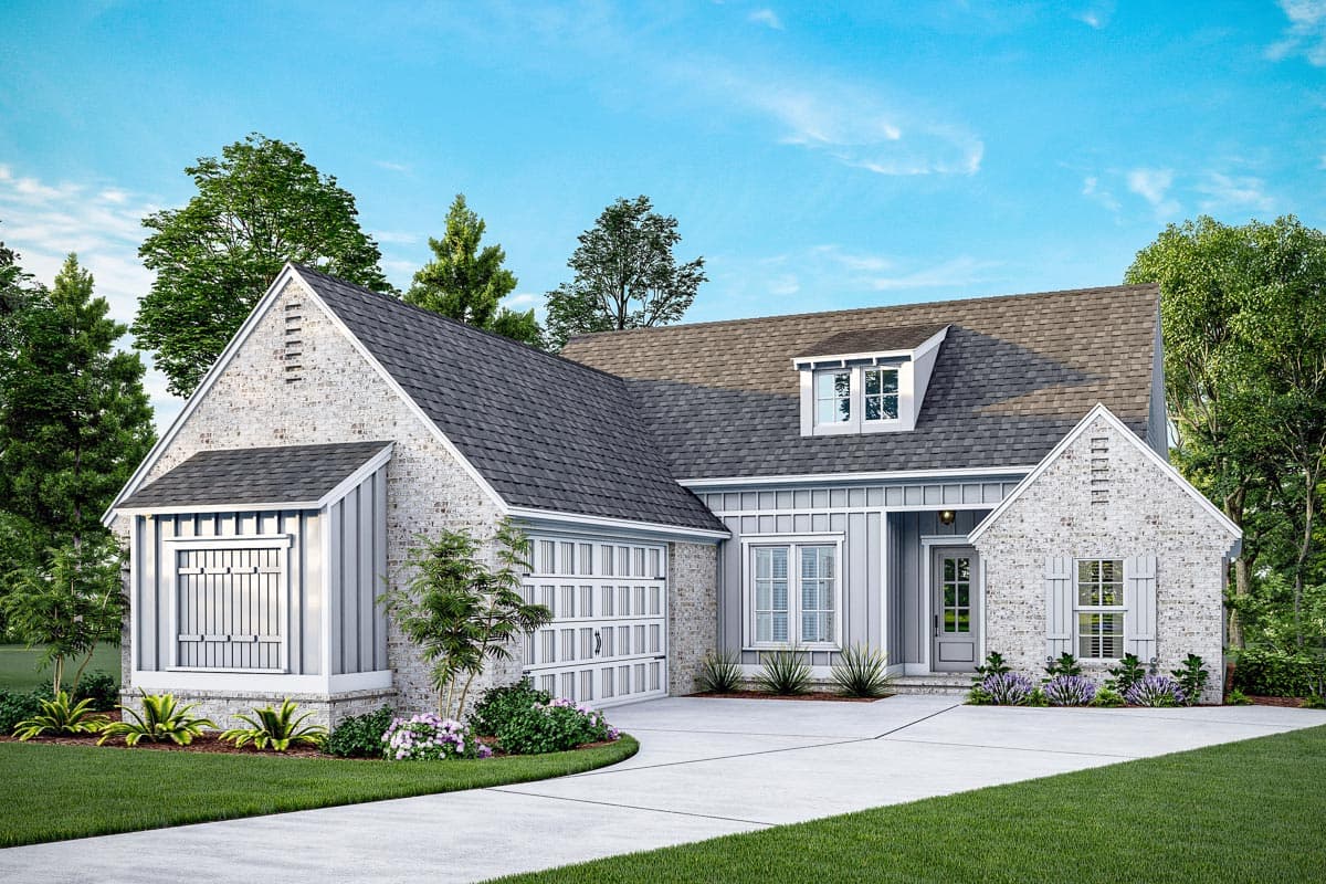 House plan exterior featuring a one-story design with a gabled roof, brick facade, dormer, and attached garage. A driveway leads to the entry.