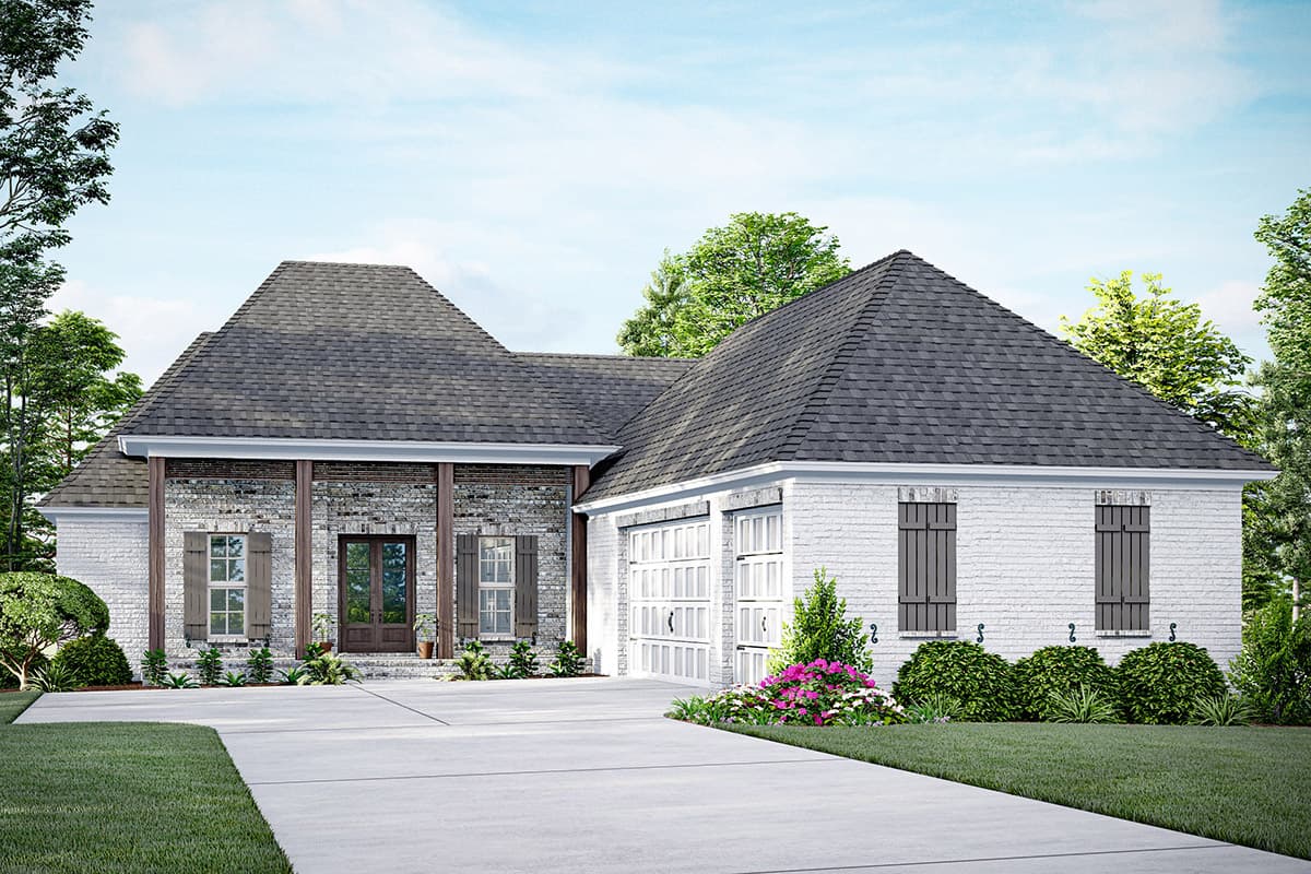 House plan exterior. One-story Ranch style. Features include gabled roof, brick facade with wooden porch supports, and attached garage.