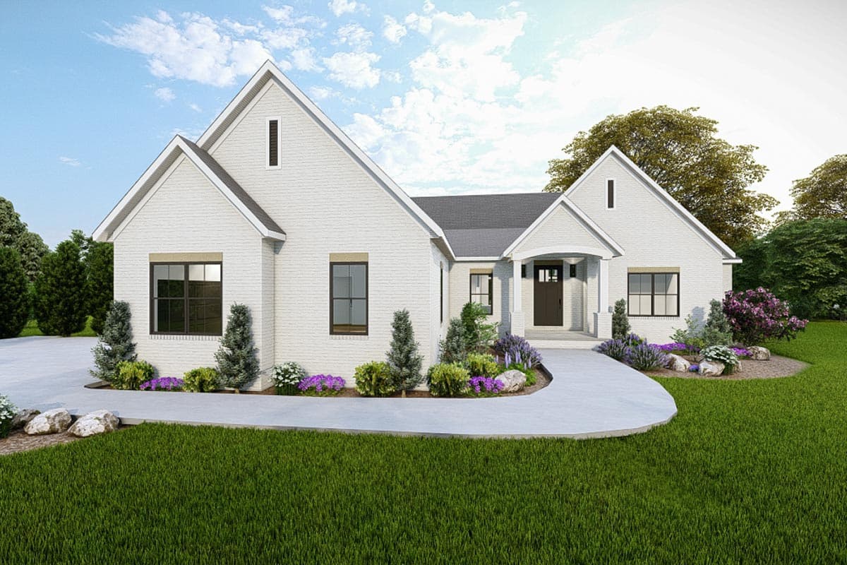 House plan exterior. One-story house with gabled roof, covered entry, and black-framed windows. Landscaping includes small trees and flowering plants.