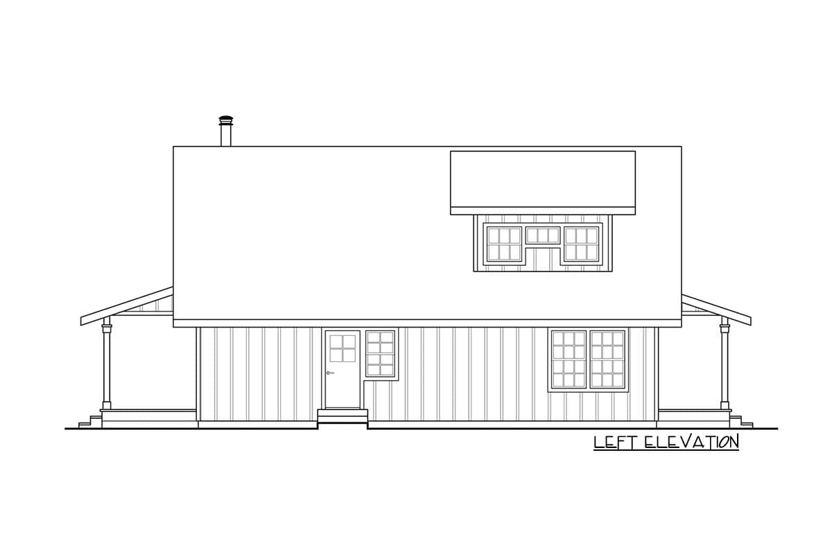 House plan left elevation drawing with a gabled roof, side porch with columns, and a dormer window.
