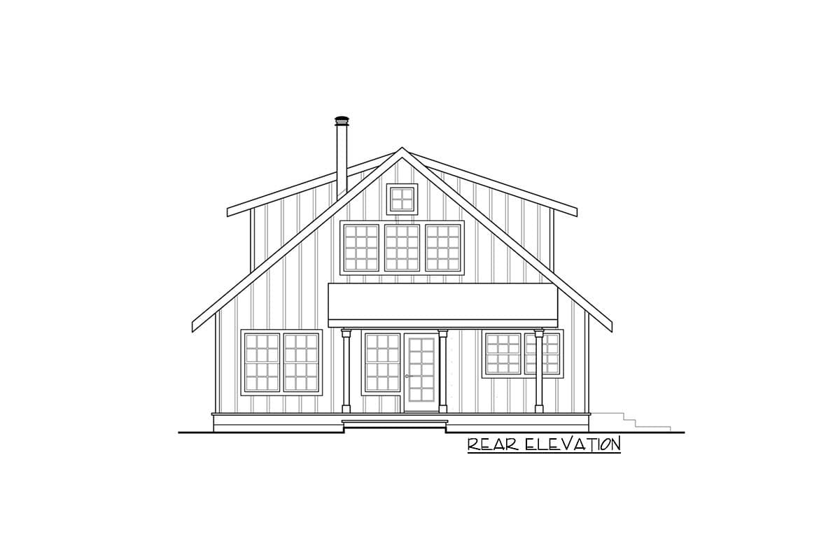 Rear elevation drawing of a two-story house plan with a prominent gable, shed dormer, and two-columned porch.