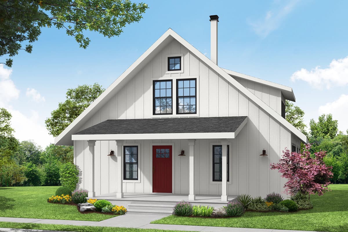 House plan exterior. Modern Farmhouse style with two stories, gabled roof, front porch, and vertical siding. Features a chimney.