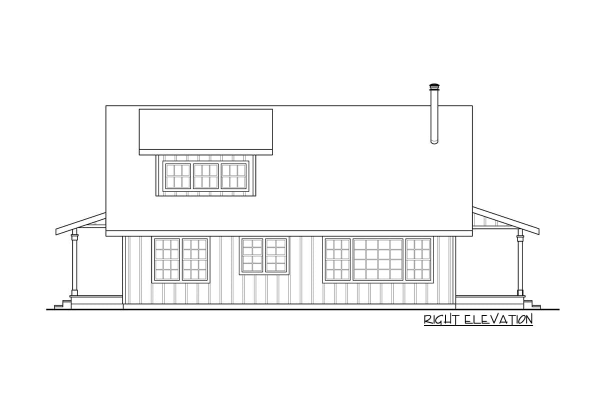 Right elevation drawing of a two-story house plan with multiple windows and a porch.