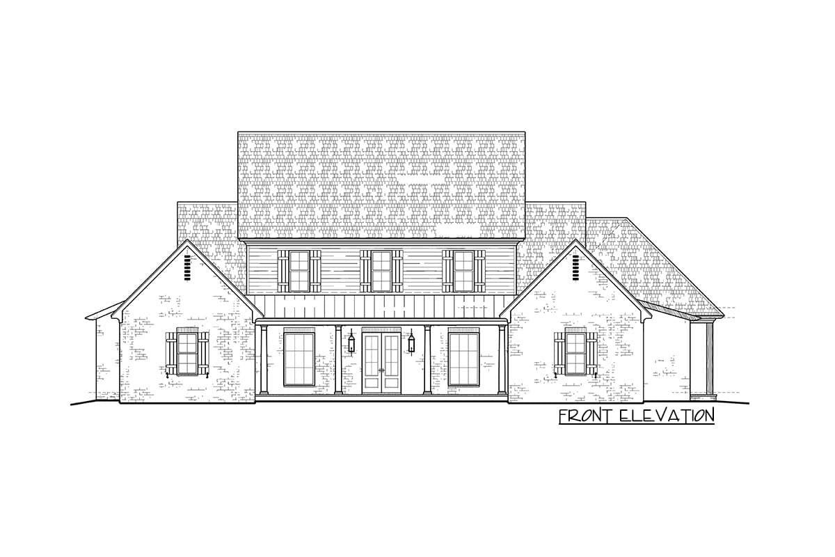 Front elevation drawing of a two-story house plan with a covered front porch, gabled wings, and board and batten siding.