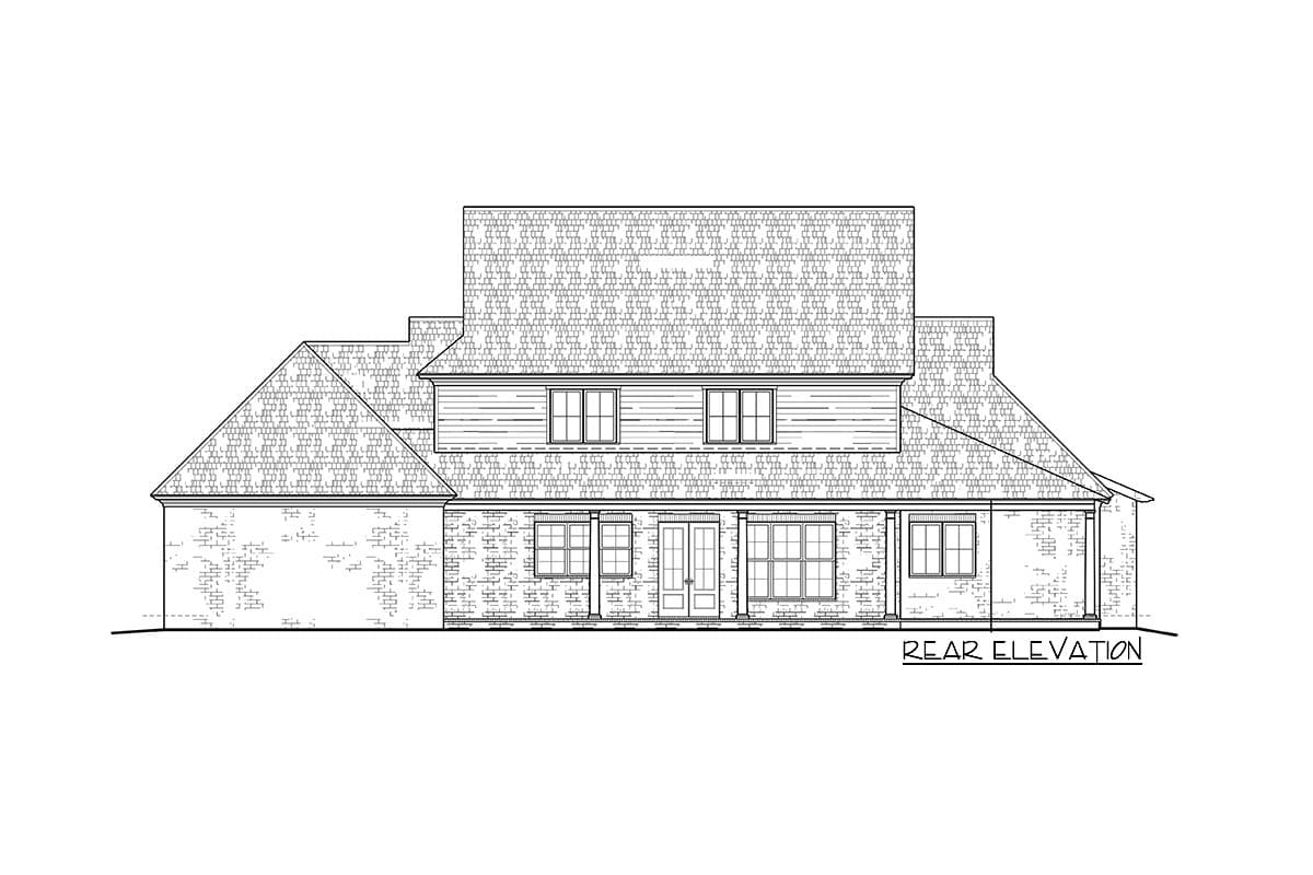 Rear elevation drawing of a house plan with a covered porch, multiple gables, and varied rooflines.