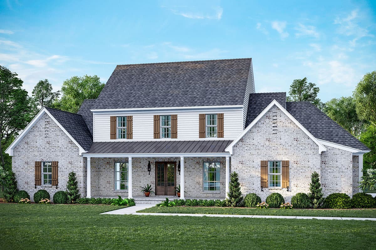 House plan exterior. Two-story farmhouse with brick and siding. Features a front porch with columns, gabled roof, and wood shutters.