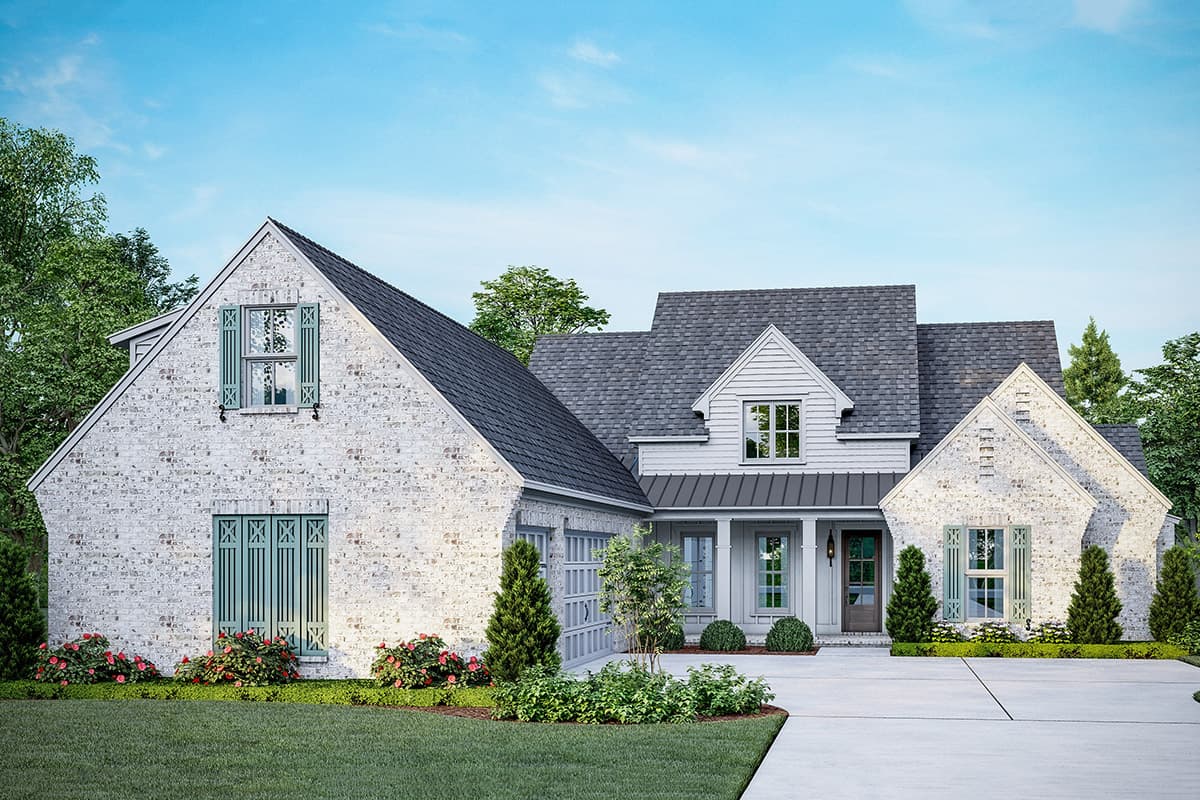 House plan exterior, modern farmhouse style, white brick, gabled dormers, covered porch with columns, and a three-car garage.