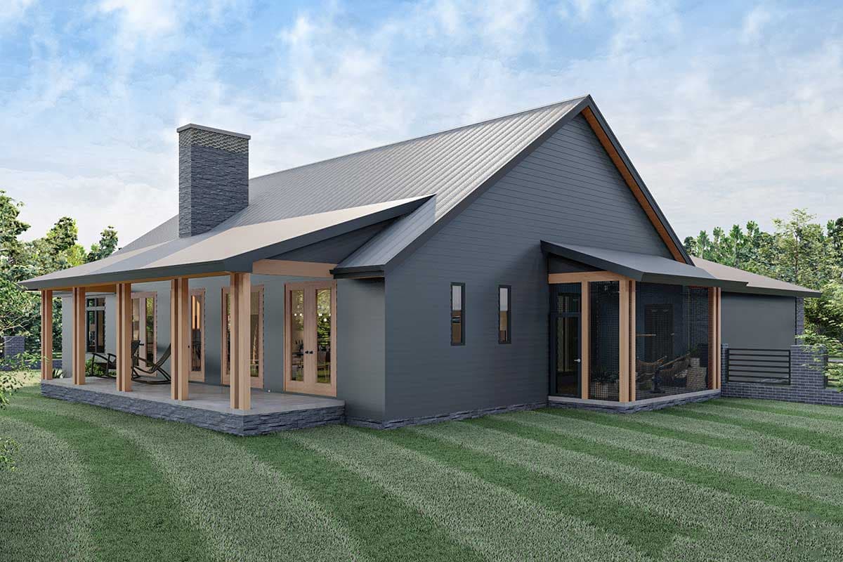 House plan exterior: Modern style, single-story with a metal roof, prominent stone chimney, and covered porches.