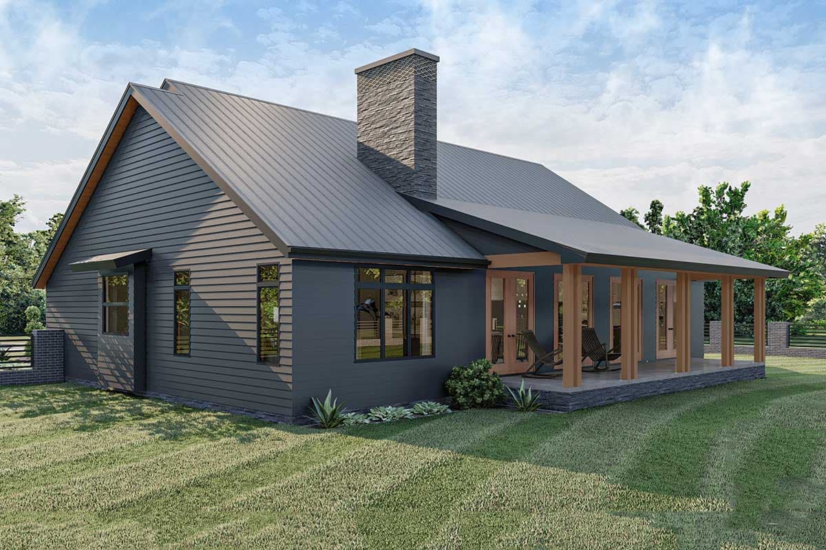 House plan exterior: Single-story modern home with horizontal siding, metal roof, prominent stone chimney, and covered porch with wood columns.