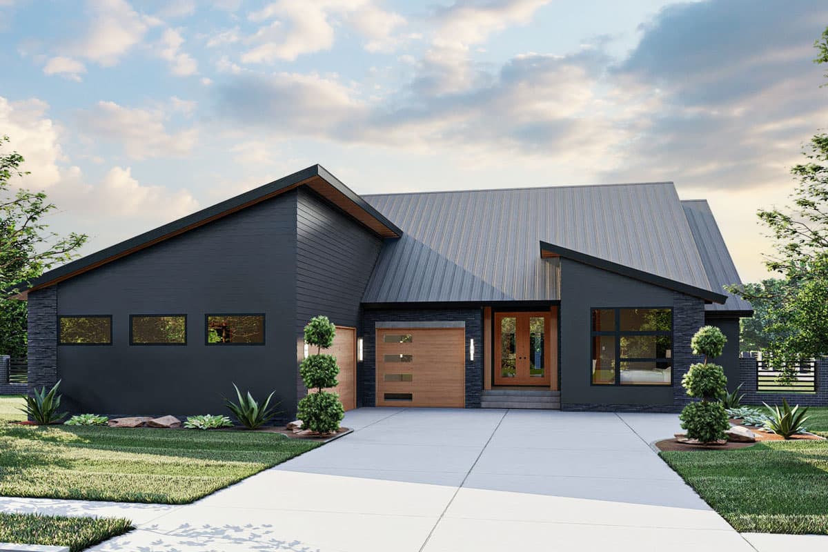 House plan exterior. Modern style, single story. Features include an asymmetrical roofline, recessed entry, and attached garage with wood door.