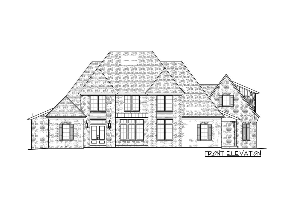 Front elevation drawing of a two-story brick house with a complex roofline, prominent gables, and a central covered entry.