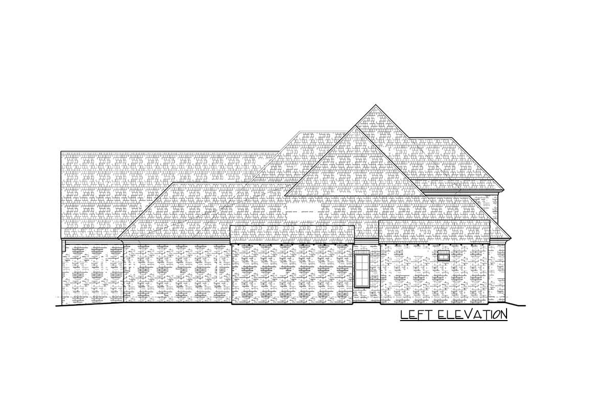 Left elevation house plan drawing with brick facade, multiple gables, and varied rooflines.