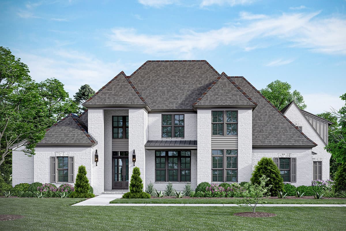 House plan exterior. Two-story home with a gabled roof, brick facade, and multiple dormers. Features include a covered entry and symmetrical design.