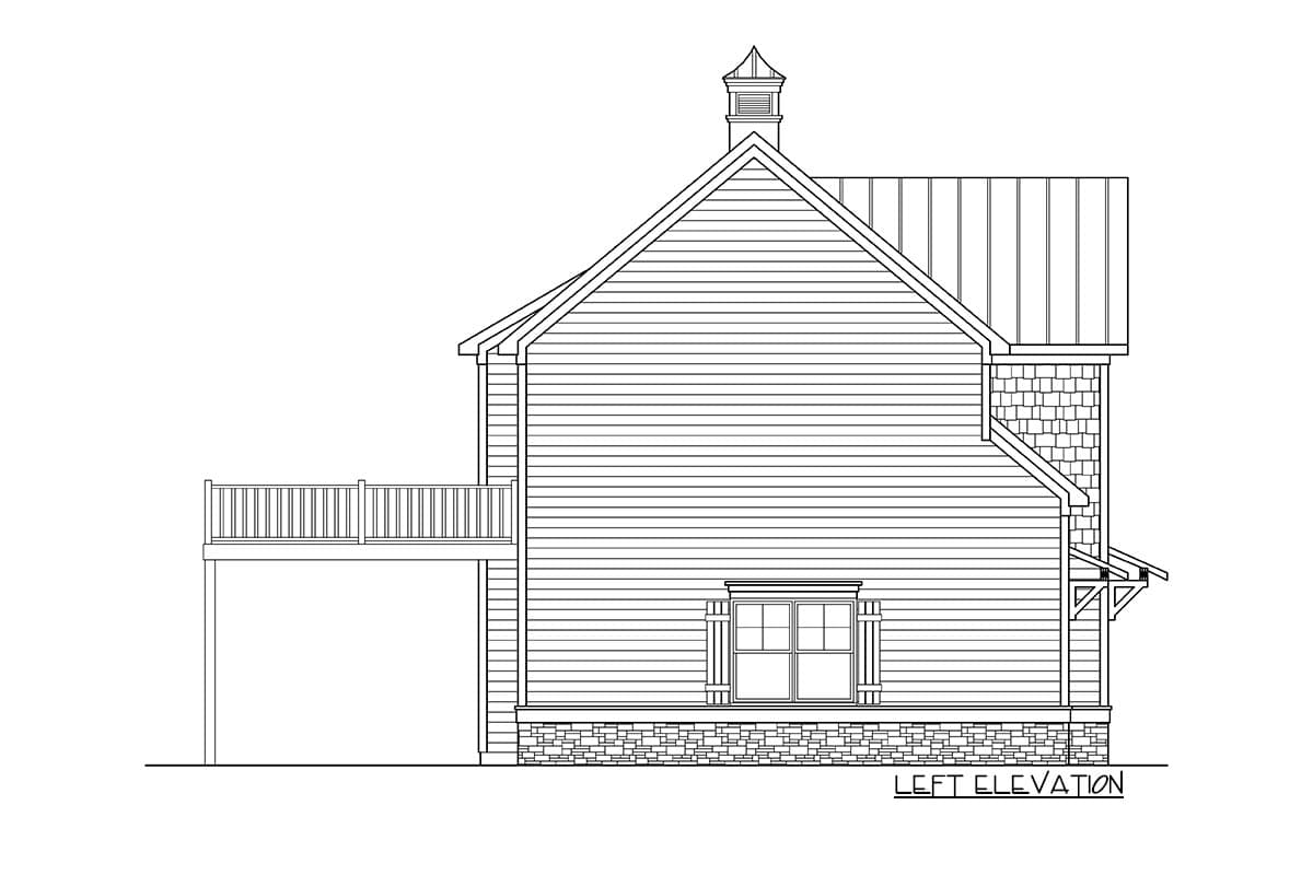 Left elevation of house plan showing clapboard siding, gabled roof with cupola, deck, and stone foundation.
