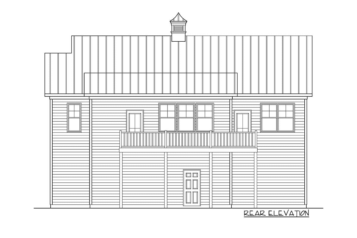 Rear elevation house plan drawing with a cupola, balcony, and lower-level entry door.