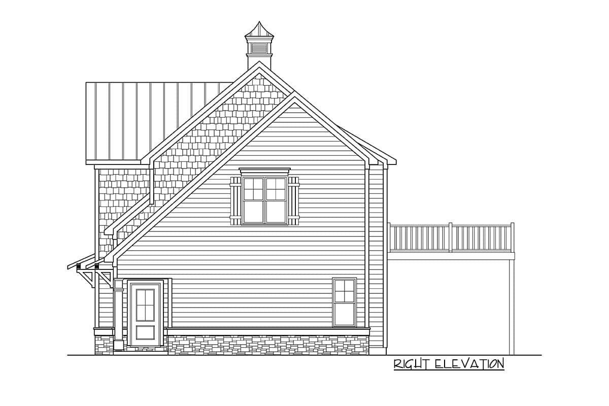 Right elevation house plan showing a dormer, a cupola, decorative shingles, and a raised deck.