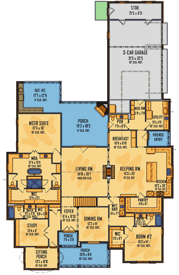 Plan 510208WDY: Exclusive Brick-clad Home Plan with Double-sided Fireplace and Rear Garage - Floor Plan - Main Level - Acadian, European, French Country, Louisiana-Style, Southern