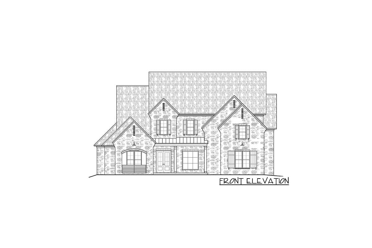 Front elevation drawing of a two-story house with a prominent roofline, brick exterior, arched windows, and a covered entryway.