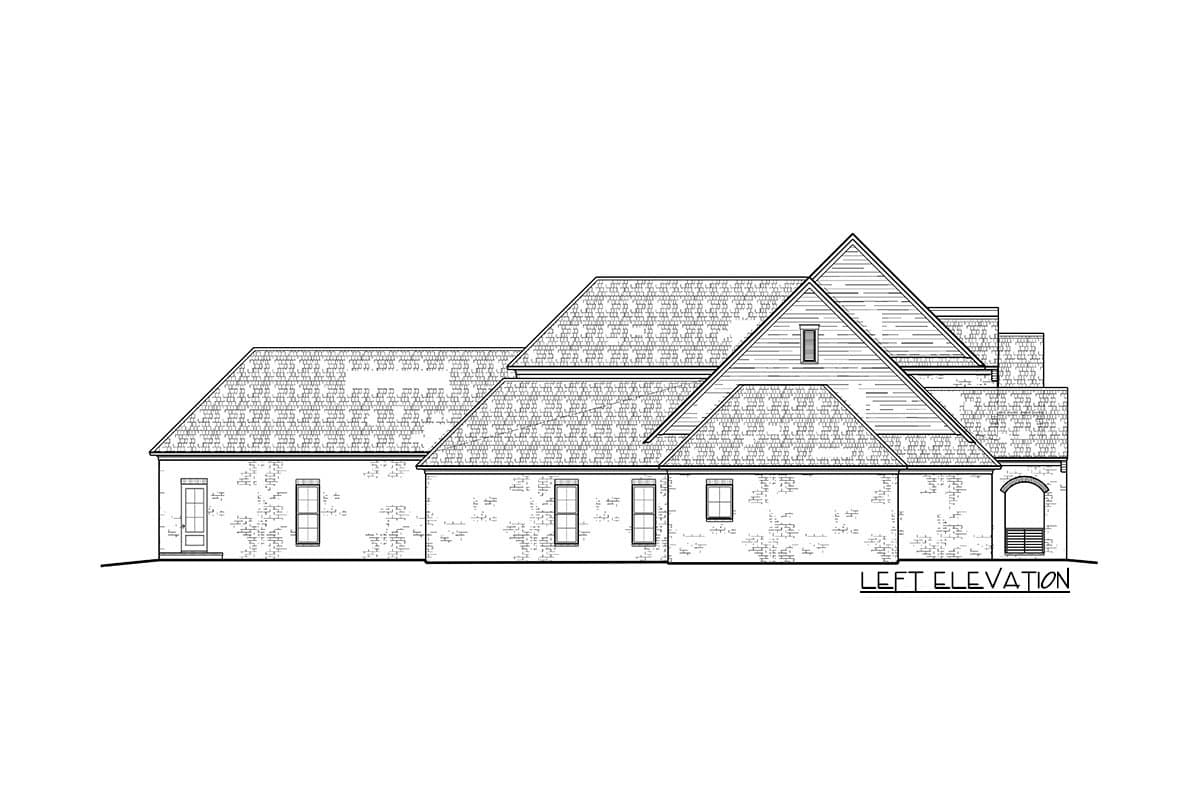 House plan left elevation showing a single-story structure with a brick exterior, multiple gables, and a covered arched entrance.