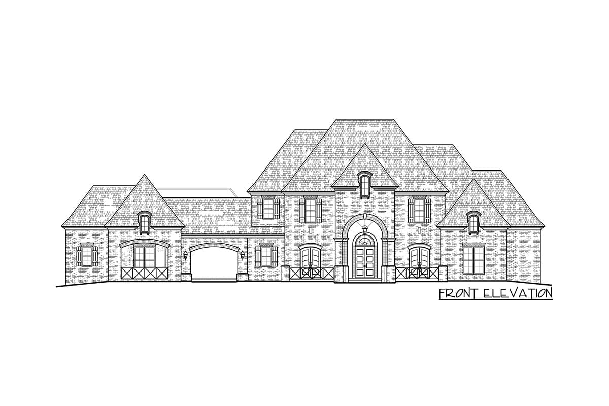 Front elevation drawing of a multi-story house with arched entry, varied gables, dormers, and attached garage.