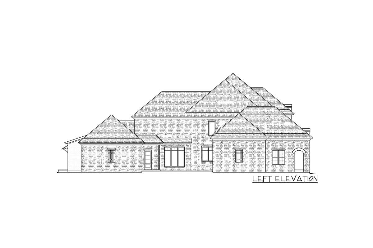 Left elevation drawing of a brick house with multiple gables and varied rooflines.