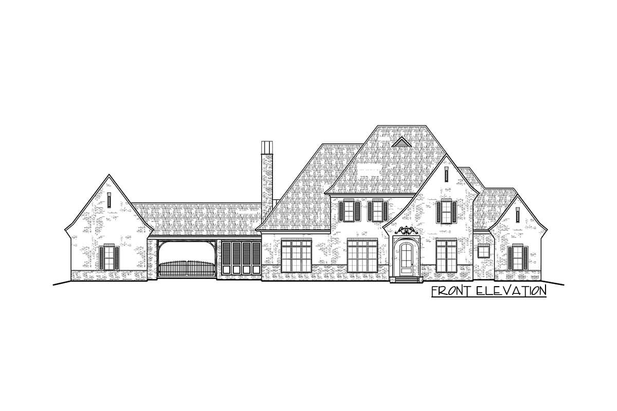 Front elevation drawing of a two-story house plan with a porte-cochère, multiple gables, and brick facade.