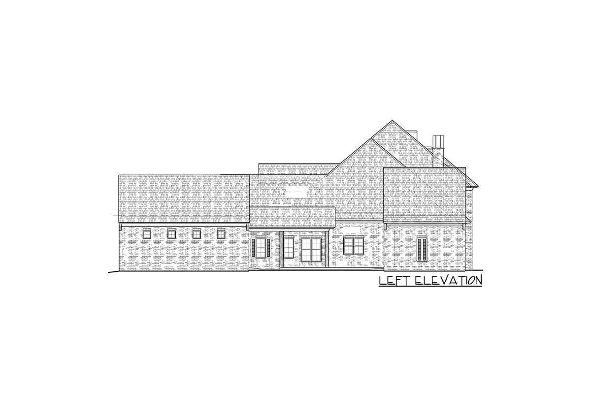 Left elevation house plan with brick facade, varied rooflines, multiple windows, and a chimney.