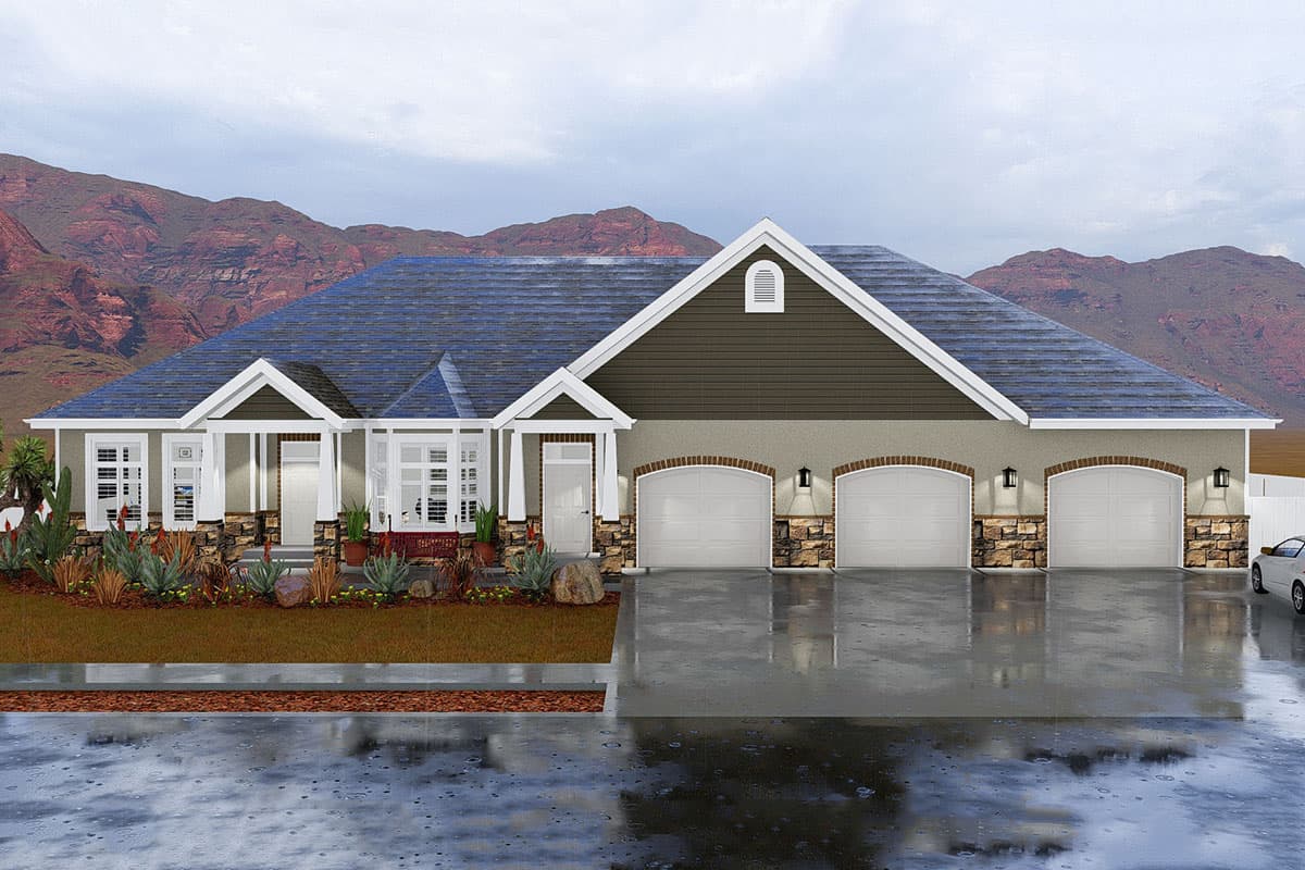 House plan exterior. Ranch style with a gabled roof, front porch, and three-car garage. Stone and stucco exterior with multiple windows.