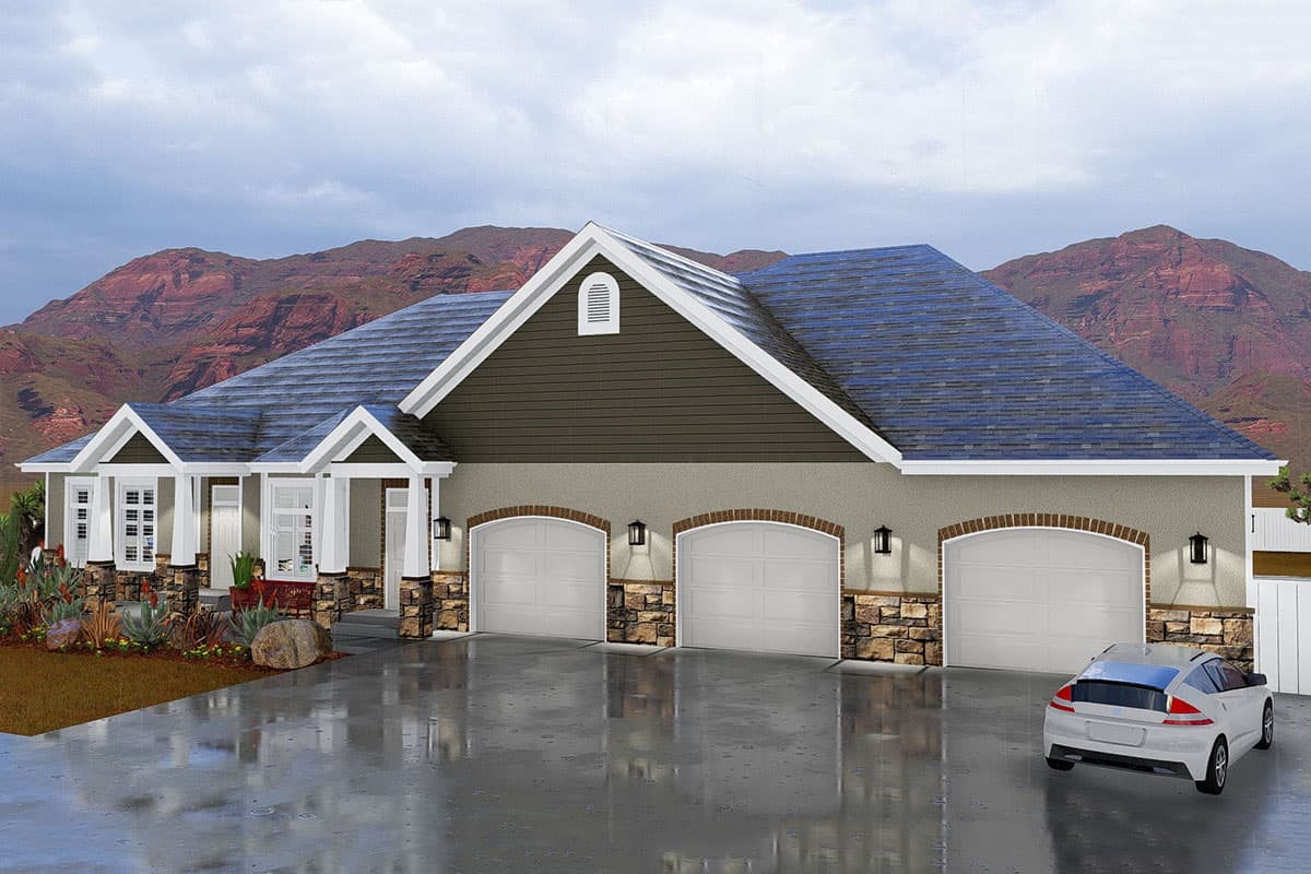 House plan exterior: Ranch style, one story with a three-car garage, prominent gables, and stone accents.