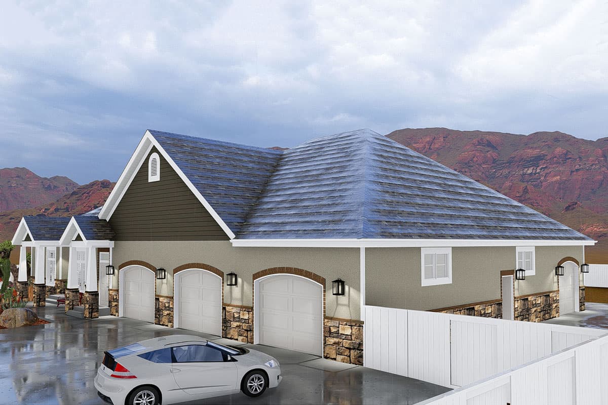 House plan exterior with four garages, arched entrances, stone accents, gabled dormers, and pitched roofs.