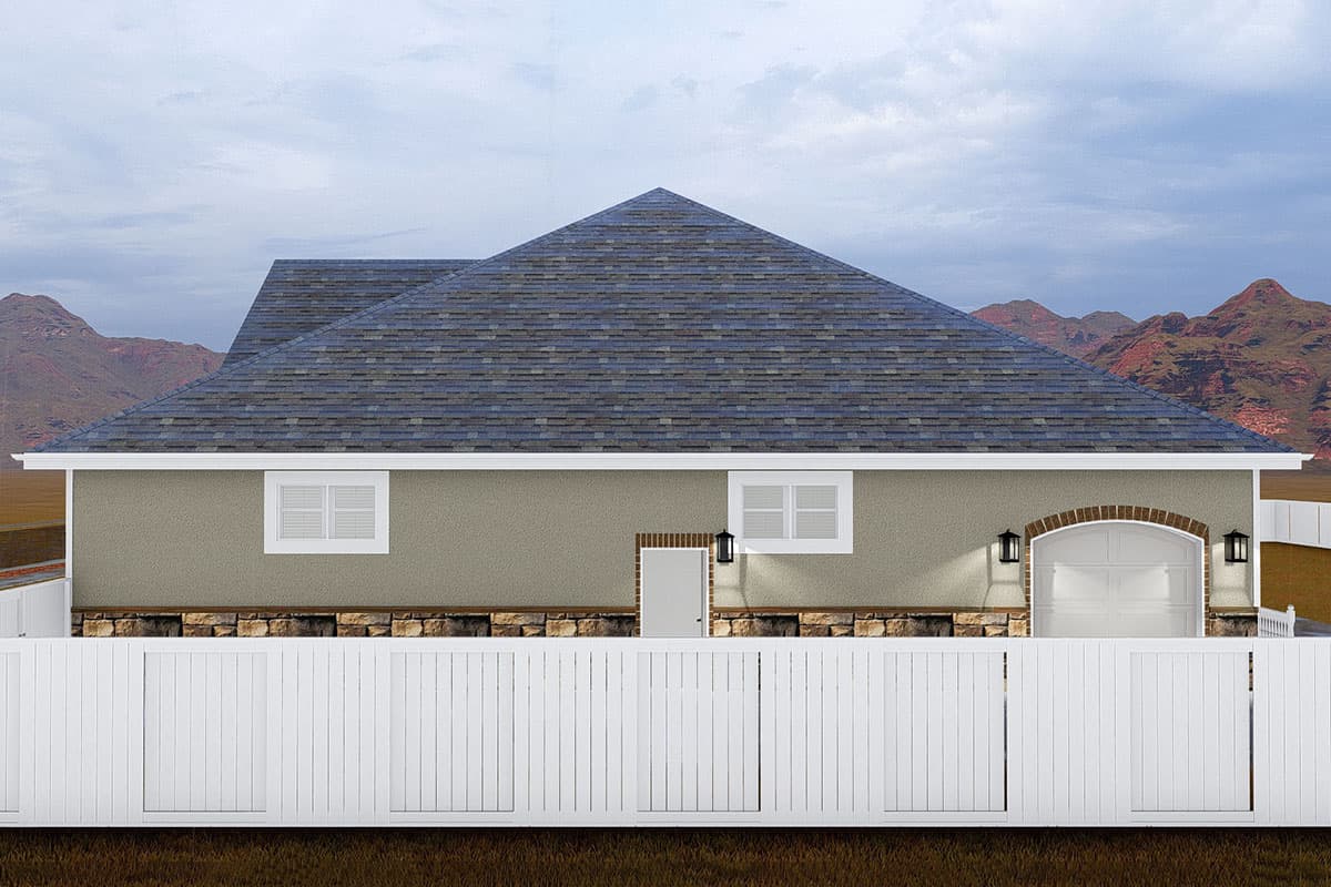 House plan exterior: Single-story home with a prominent gable roof, stone foundation, two windows, a single door, and an arched garage door.