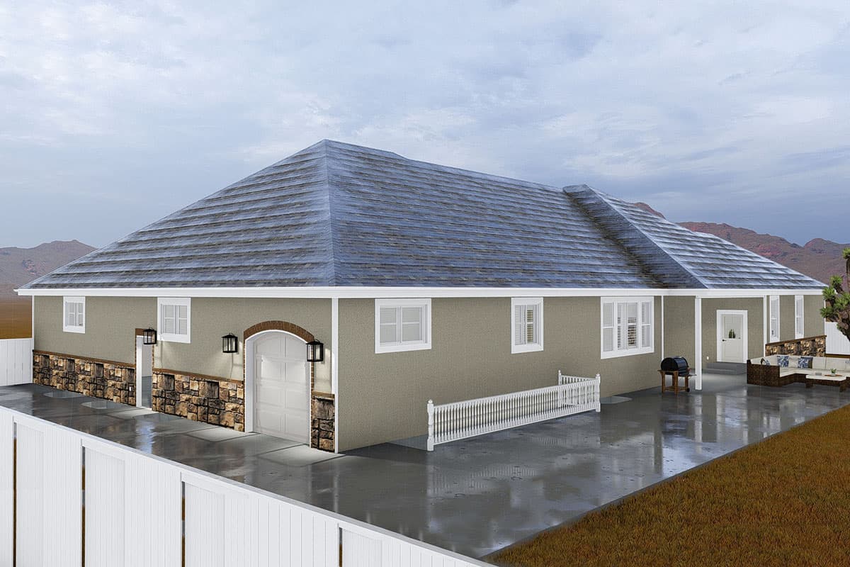 House plan exterior: Single-story with side-entry garage, stone accents, covered patio, and white picket fence.