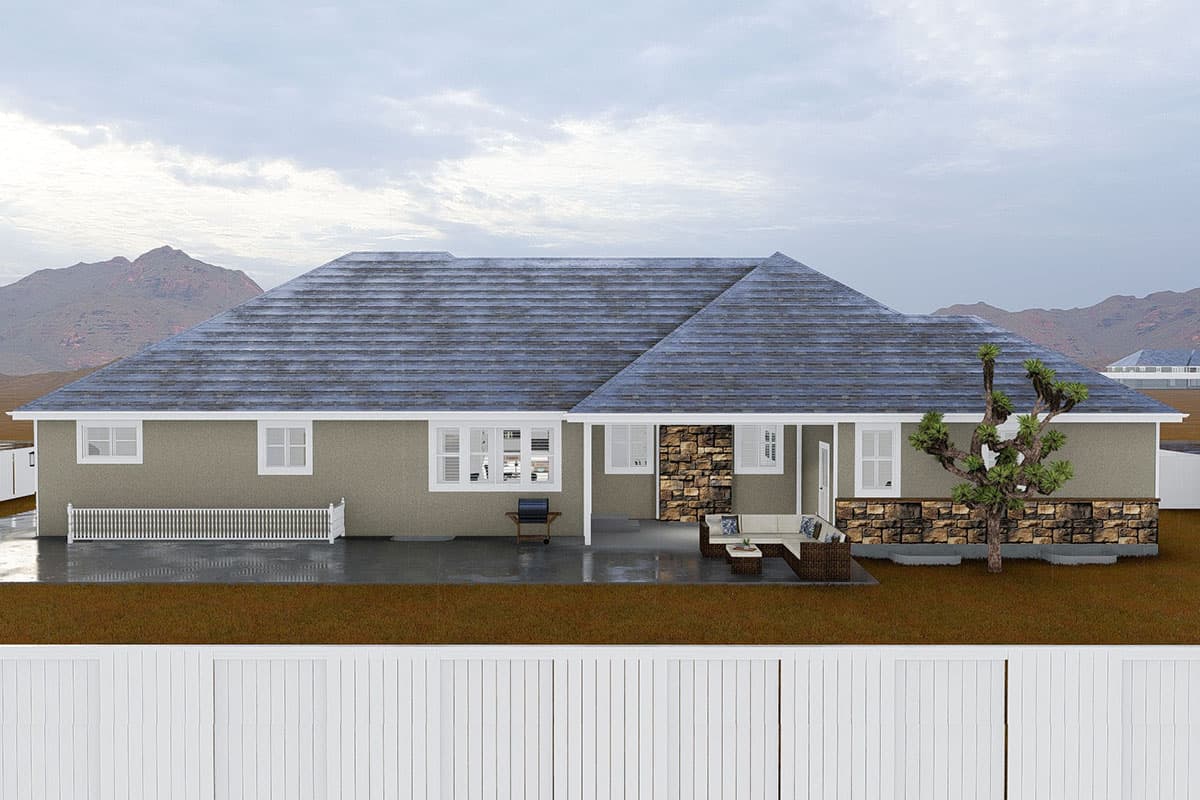 House plan exterior: single-story ranch with prominent hipped roof, stone accents, covered porch, and multiple windows.