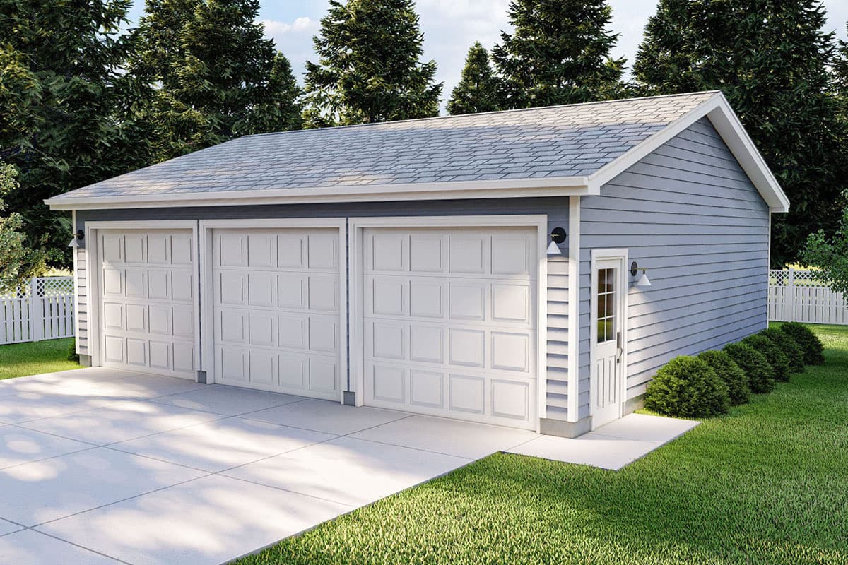 House plan exterior with a three-car garage. Features include a gable roof, entry door, and lap siding. Includes a concrete driveway.