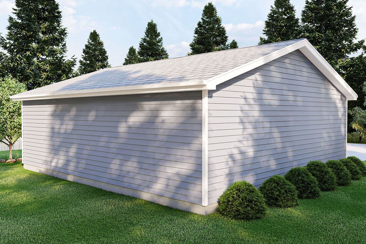 House plan exterior, a single-story structure with horizontal siding and a simple gable roof.