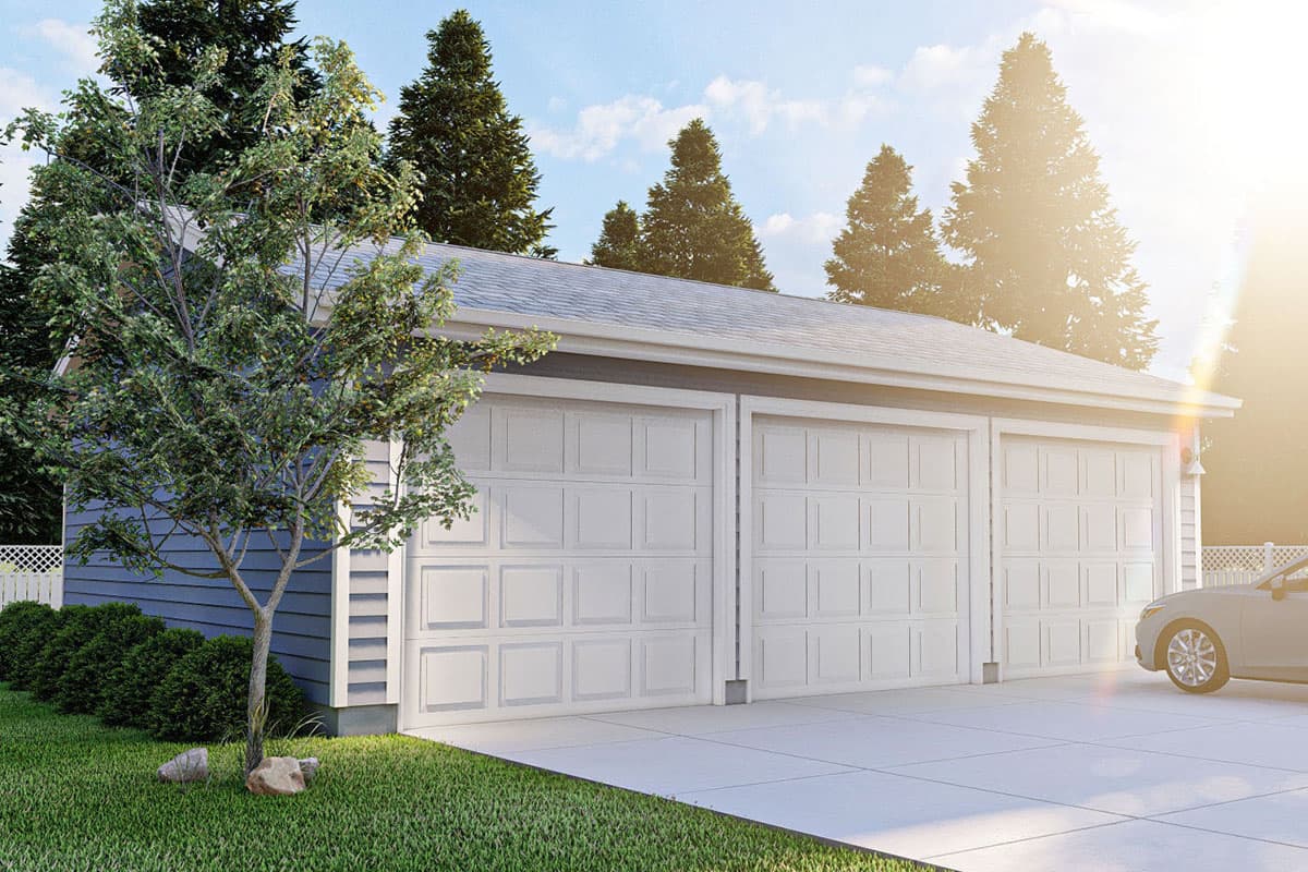 House plan exterior: Three-car garage with paneled doors, vinyl siding, and a gable roof.