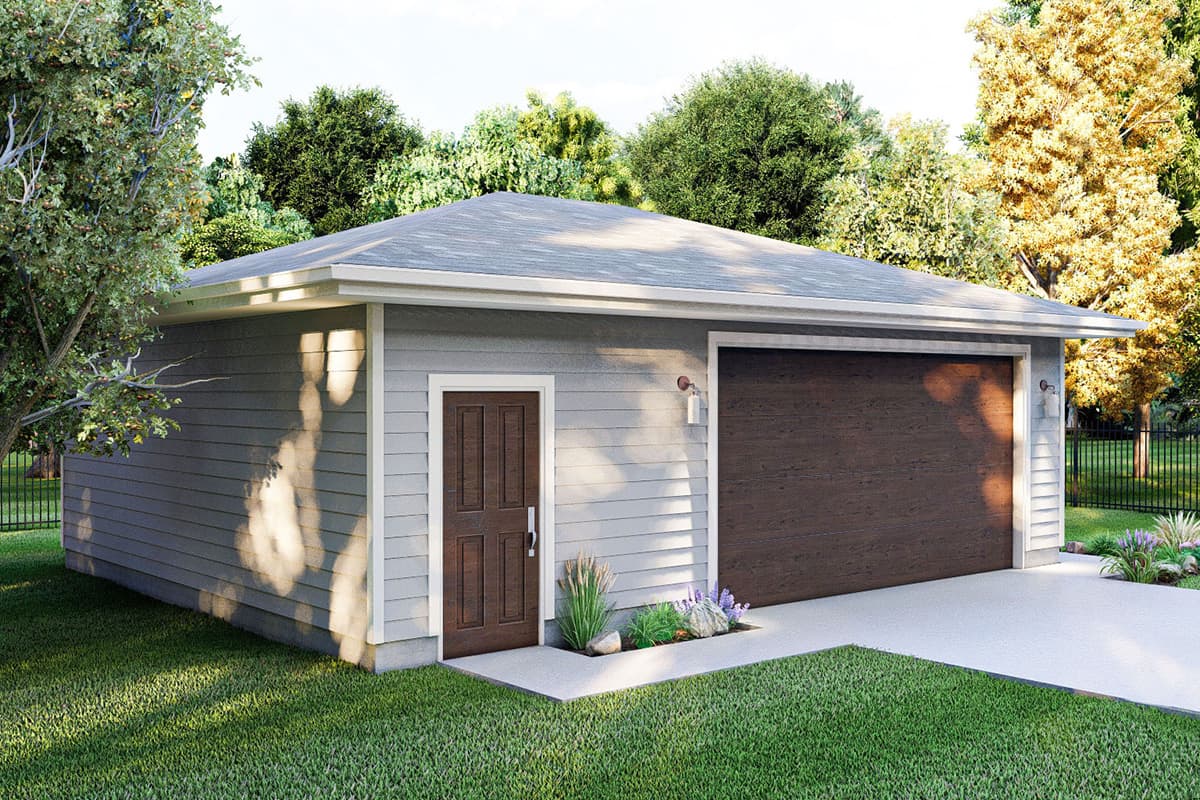 House plan exterior: Contemporary one-story garage with gray siding, dark wood garage door, and a single pedestrian door.