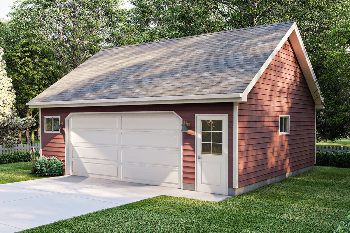 House plan exterior. One-story garage with a gabled roof. Features include an overhead garage door, entry door, and small side window.