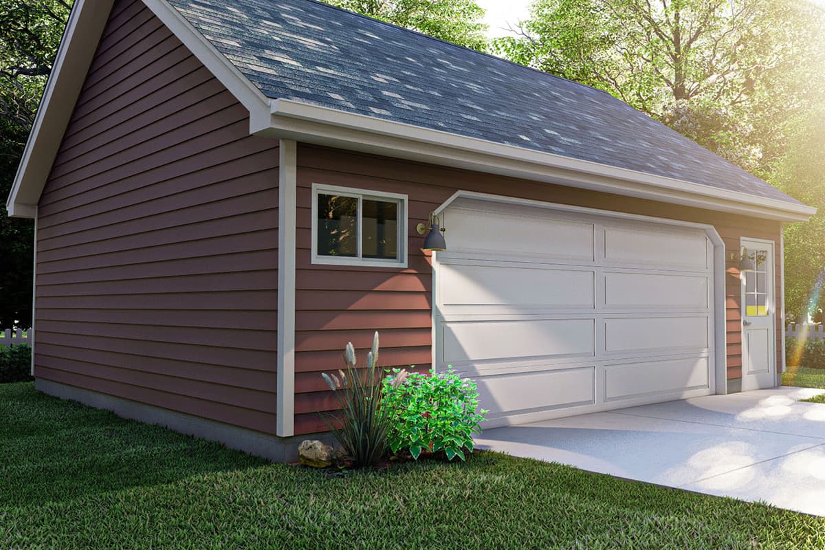House plan exterior: Single-story garage with brown horizontal siding, white trim, asphalt shingle roof, and single garage door.