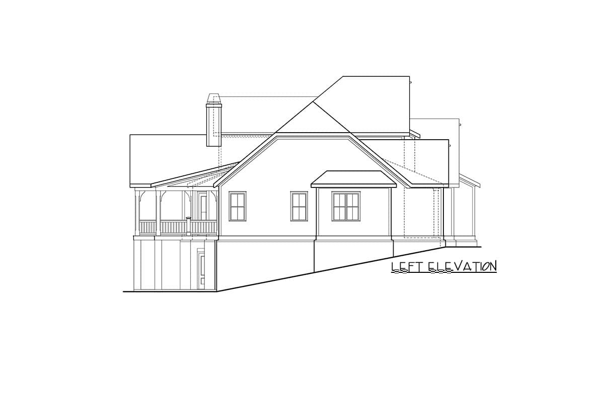 Left elevation of a house plan featuring a covered porch, multiple gables, and a prominent chimney.