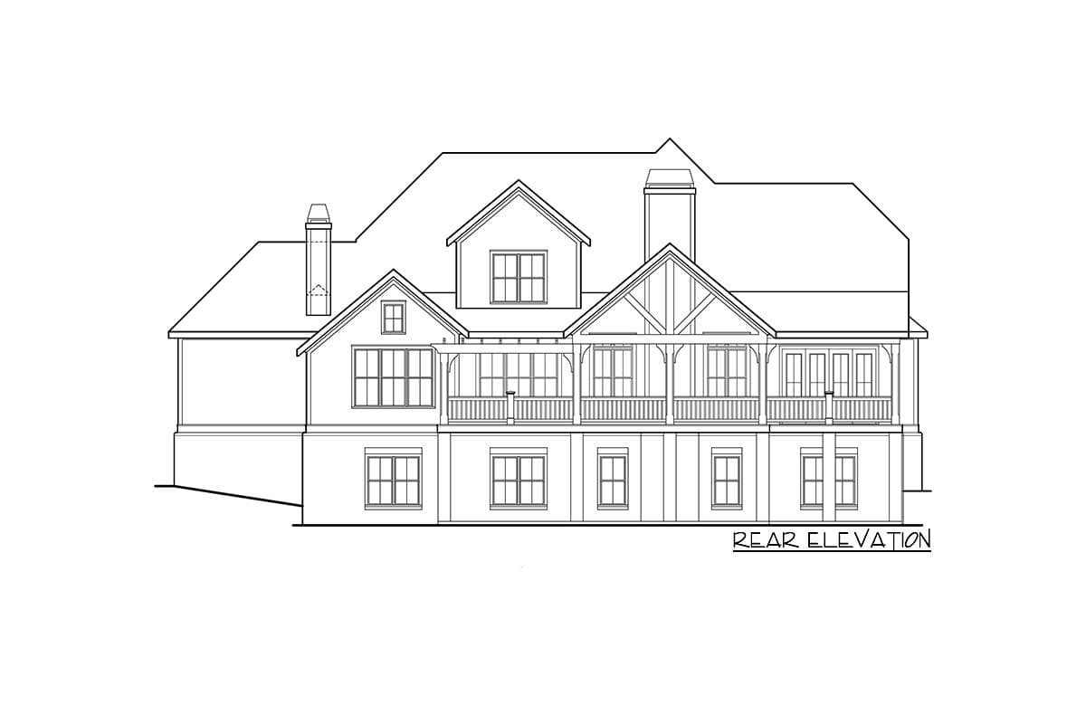 Rear elevation drawing of a two-story house plan with a wraparound porch, gables, and multiple chimneys.